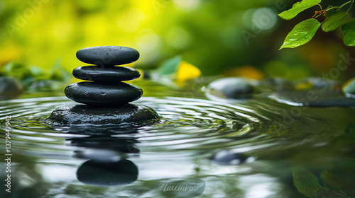 Stacked black stones in calm water, zen garden.