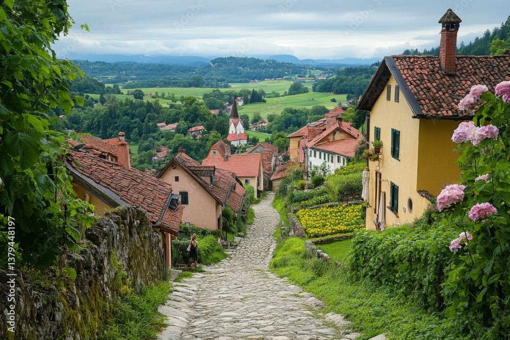 Elevated view of a scenic village path leading to distant mountains with clear sky Elevated view of a scenic village path leading to distant mountains with clear sky