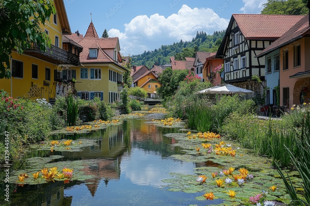 Obraz premium Colorful village reflection on calm river surrounded by nature and houses