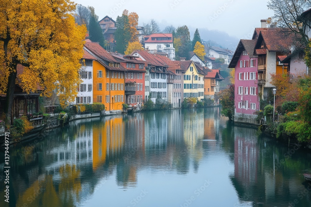 Fototapeta premium Colorful riverside buildings reflected in water under overcast sky in a quaint town