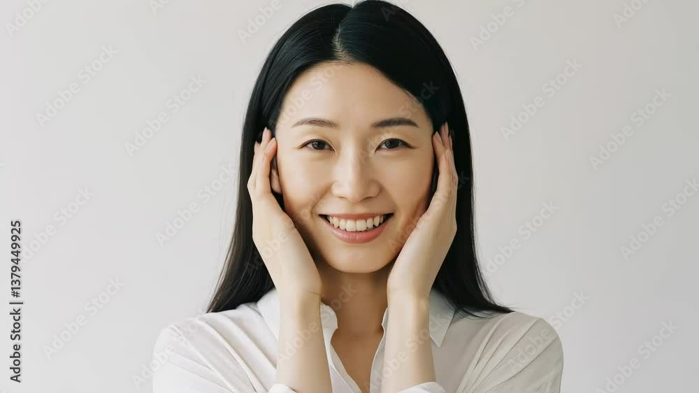両手を頬にあて、スキンケアをアピールする黒髪ロングの大人の女性 両手を頬にあて、スキンケアをアピールする黒髪ロングの大人の女性