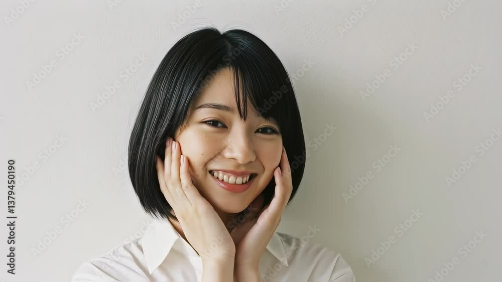 両手を頬にあて、スキンケアをアピールする白いシャツを着た女性