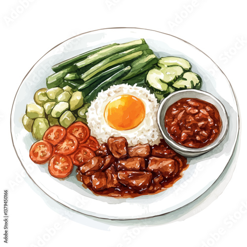 watercolor vector of Nasi Lemak, isolated on a white background. Nasi Lemak vector
