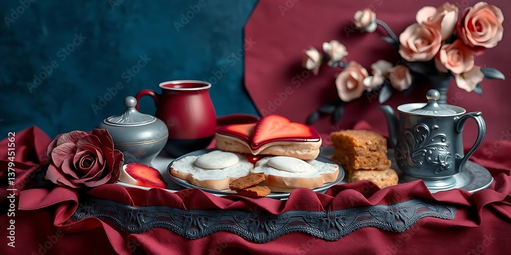 Fototapeta premium Sophisticated and elegant composition, rich burgundy and deep blue hues, layered papier-mâché, sculpted textures, detailed depiction of a Mother's Day breakfast tray