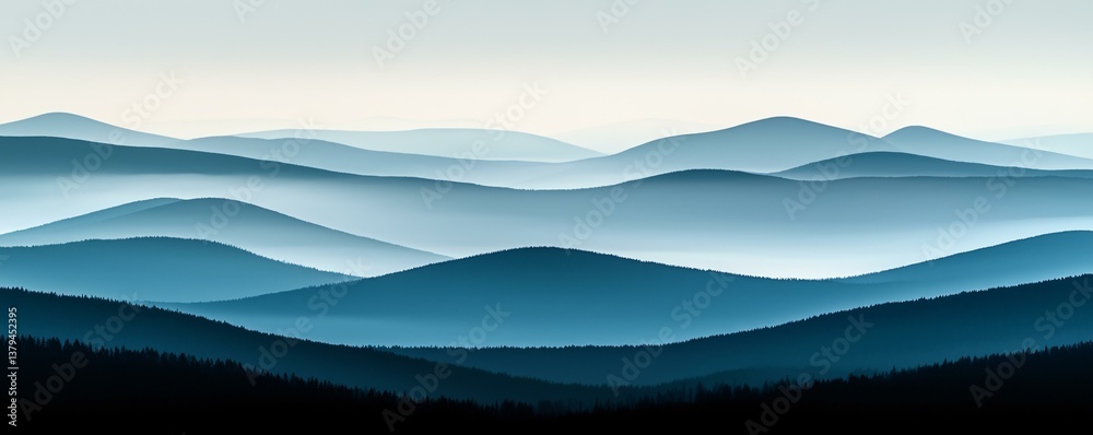 Misty morning in a remote mountain range, layers of rolling fog softening the landscape, magical and tranquil scene capturing nature’s quiet beauty Misty morning in a remote mountain range, layers of rolling fog softening the landscape, magical and tranquil scene capturing nature’s quiet beauty