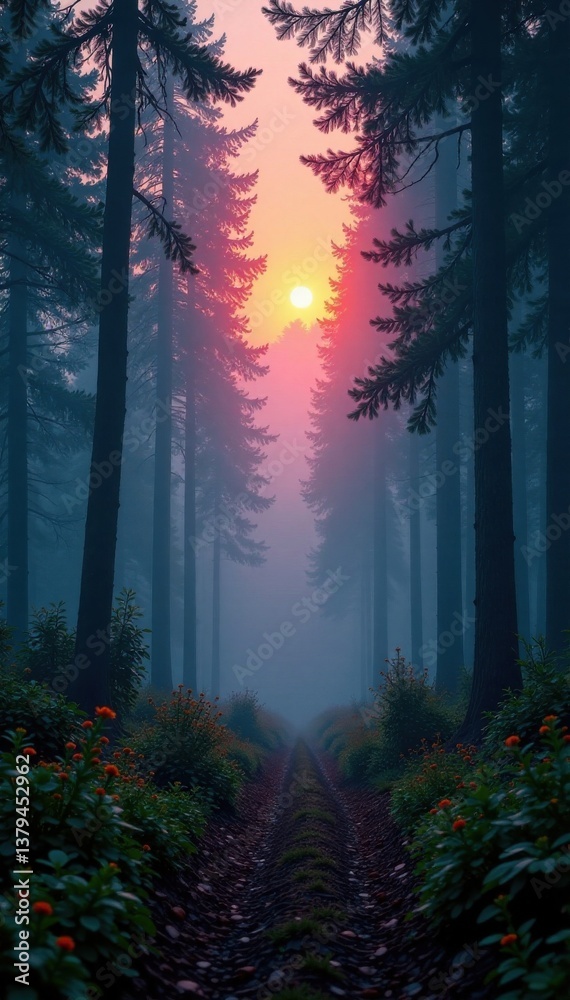 Fototapeta premium Softly glowing forest at dusk, misty atmosphere, mystical ambiance, forest,