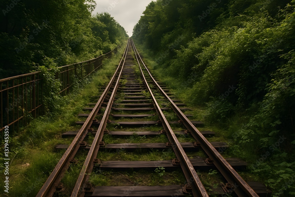 Fototapeta premium Train tracks surrounded by lush greenery stretching into the distance.