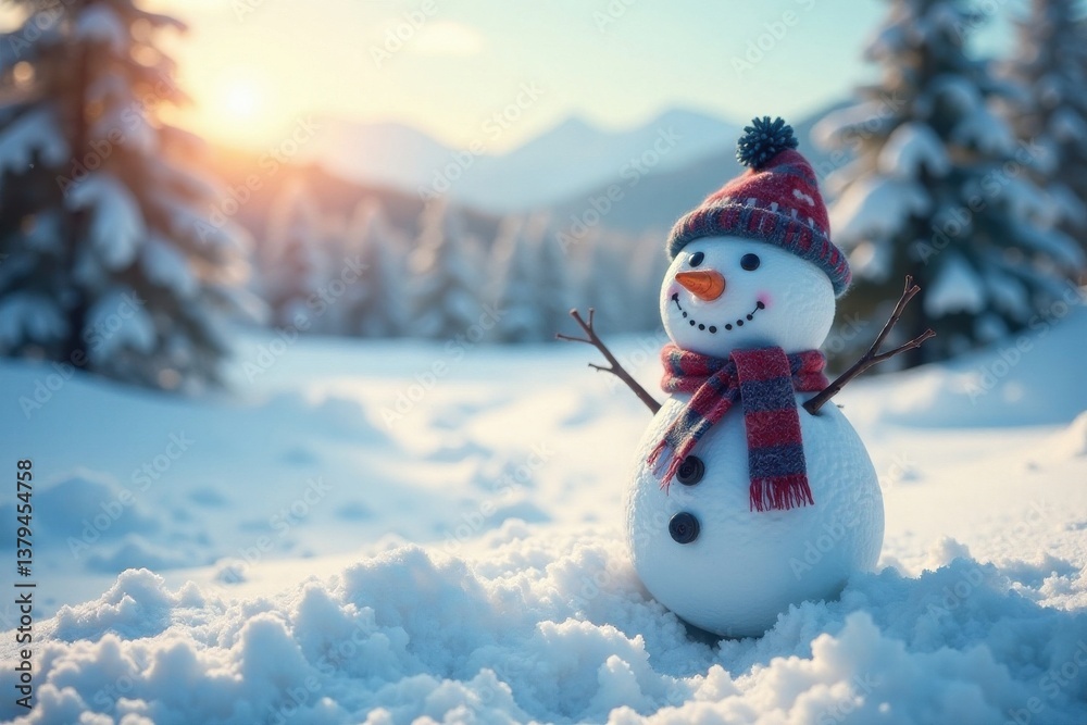 Fototapeta premium Snowy landscape with happy snowman in the distance, snowman, frosty environment, mountainous backdrop