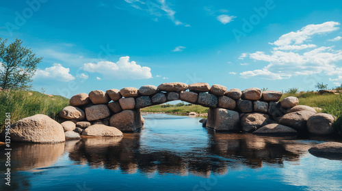 Stone arch bridge over calm river under blue sky.