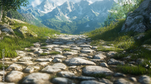 Stone path leading to majestic mountains.