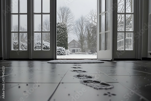 Snow Covered Landscape Viewed Through Open French Doors