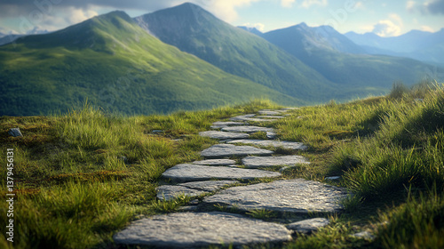 Stone path leading to majestic mountains.