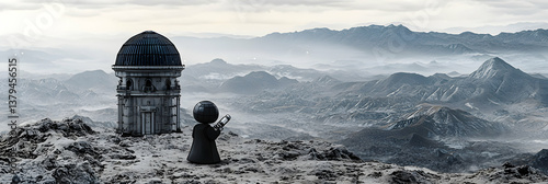 Solitary Figure by a Dome Structure in a Desolate Mountainous Landscape
