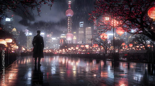 Solitary Figure in Rainy City at Night