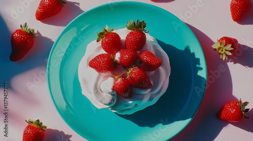 Strawberry Pavlova on teal plate.