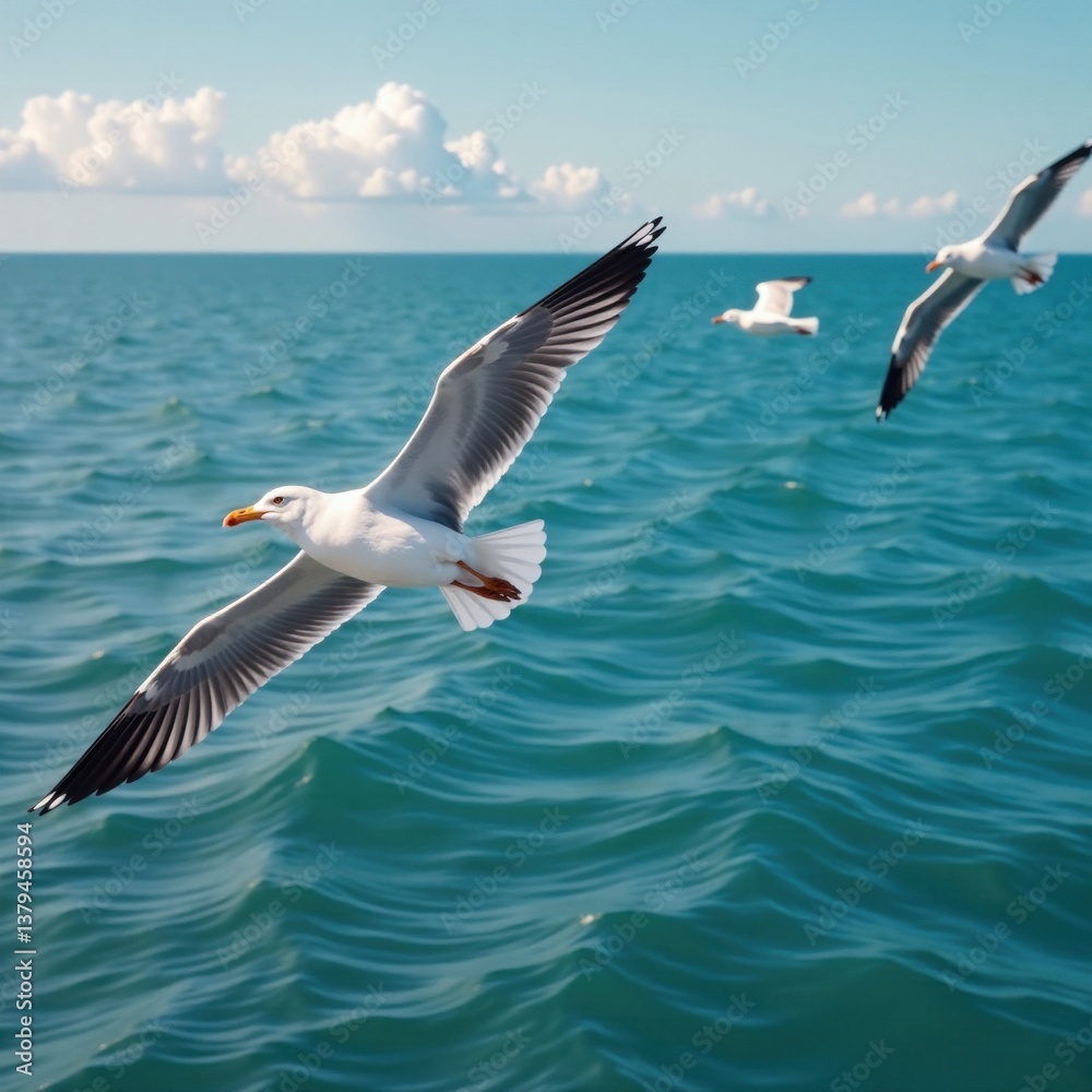 Fototapeta premium Seagulls soaring over calm ocean waters, wildlife, calm water, ocean