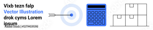 Arrow hitting target, calculator representing analysis, neatly stacked boxes for efficiency. Ideal for logistics, ecommerce, productivity, goal setting, business planning, inventory simple landing
