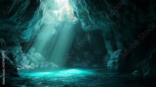 Sunbeams illuminate a dark cave's teal water.