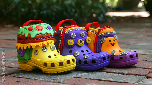 Three Decorated Children's Shoes in Bright Colors on Brick Pavement