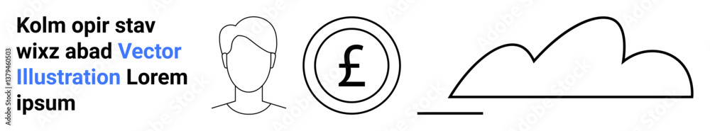 Line art of a human head, pound currency circle, and cloud with text placeholder. Ideal for finance, technology, online services, economy, digital identity, business concepts simple landing page Line art of a human head, pound currency circle, and cloud with text placeholder. Ideal for finance, technology, online services, economy, digital identity, business concepts simple landing page