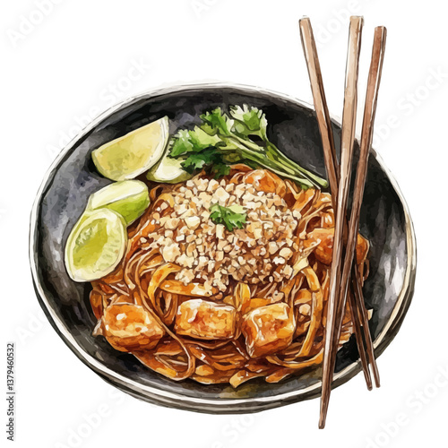 watercolor vector of Pad Thai, isolated on a white background. Pad Thai vector
