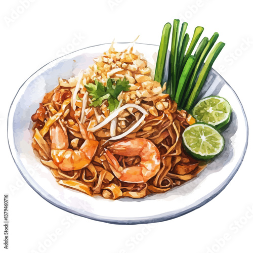 watercolor vector of Pad Thai, isolated on a white background. Pad Thai vector
