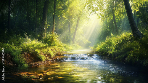 Sunbeams illuminate a tranquil forest stream.