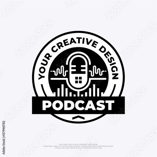 Black and white podcast logo in badge style