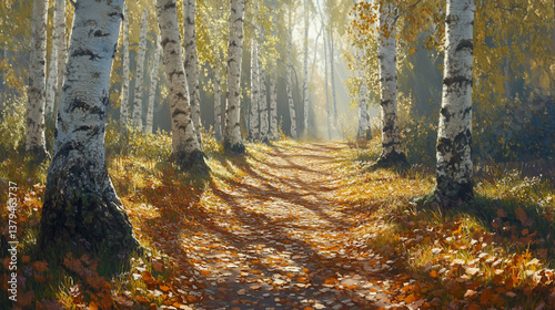 Sunlit autumn path through birch forest.