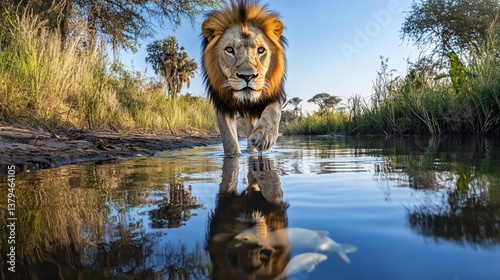 Majestic male lion walking through shallow water, reflected in calm surface.