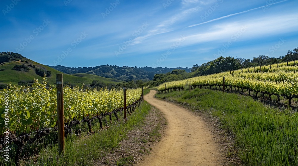 Naklejka premium Winding dirt path through vibrant vineyard landscape under a clear blue sky.