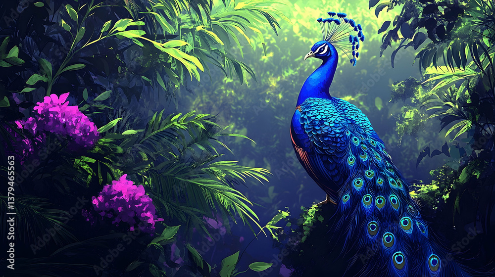 Fototapeta premium A vibrant blue peacock perched amongst lush tropical greenery