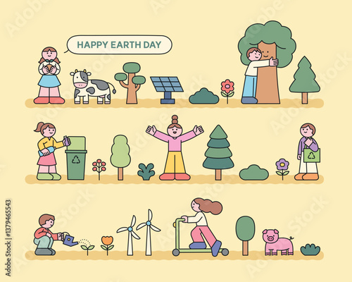 Flat style illustrations of kids celebrating Earth Day with trees, animals, recycling, and renewable energy. Perfect for eco-friendly, green living, and education themes.