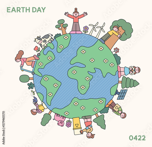 Cute flat illustration of children around the Earth celebrating Earth Day, recycling, hugging trees, planting, and using renewable energy. Eco-friendly message.