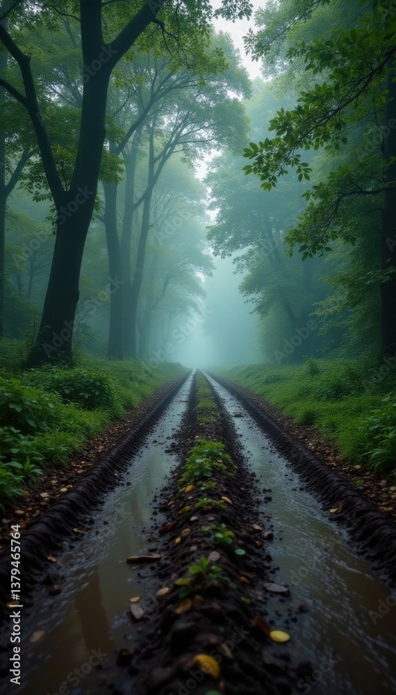 Obraz premium Muddy road with overgrown trees and foggy atmosphere, muddy, grunge
