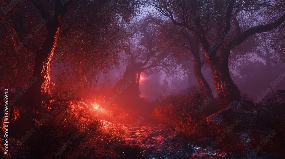 Fototapeta premium Mystical crimson glow illuminates pathway through the ethereal forest