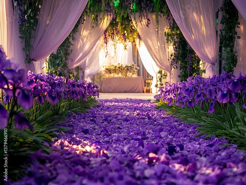 Obraz na płótnie Romantic wedding aisle decorated with purple irises and petals under draped fabric. w salonie