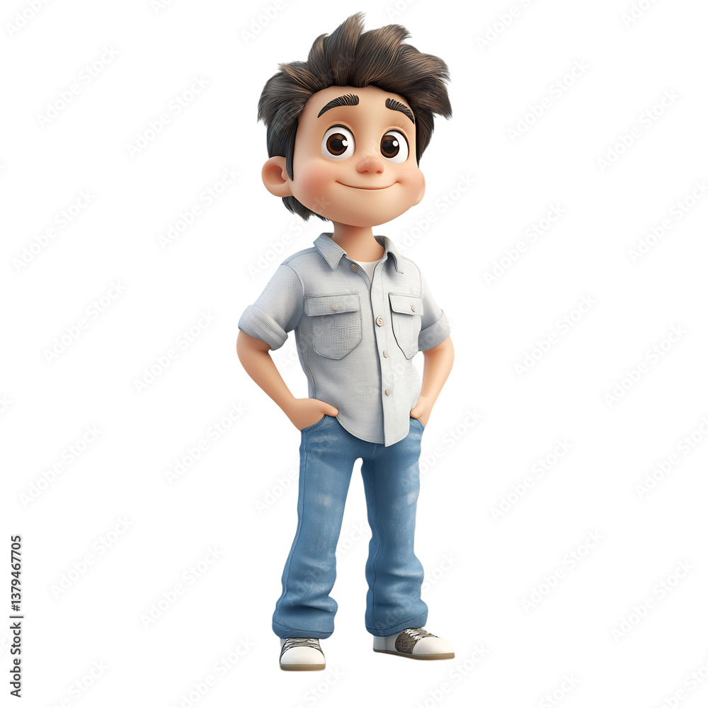 Shy Cartoon Character Glancing Sideways Wearing White Shirt and Jeans Isolated on Transparent Background Shy Cartoon Character Glancing Sideways Wearing White Shirt and Jeans Isolated on Transparent Background