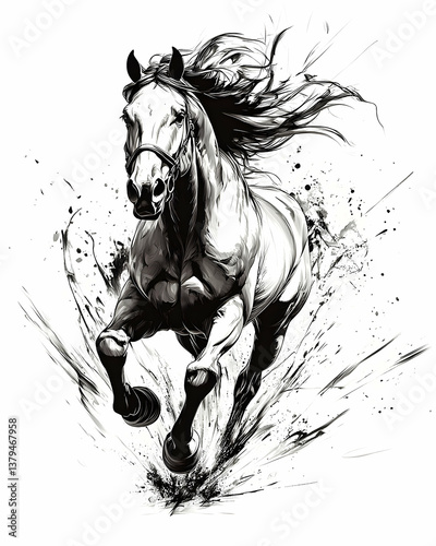 A dynamic monochrome illustration featuring a galloping horse in motion