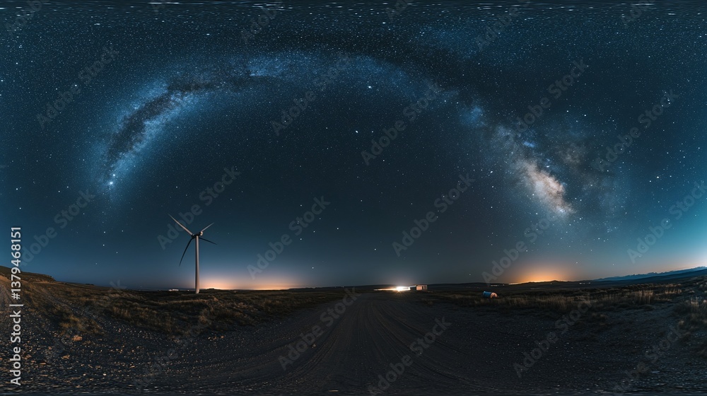360° night panorama of Milky Way galaxy over a dirt road and wind turbine.