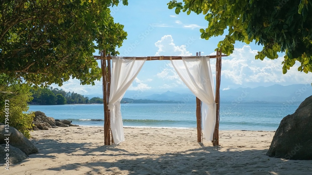 Idyllic beachside wedding archway framing tranquil sea and distant mountains Idyllic beachside wedding archway framing tranquil sea and distant mountains