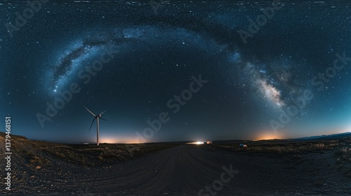 Obraz na płótnie 360° night panorama of Milky Way galaxy over a dirt road and wind turbine. w salonie