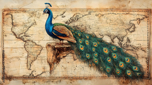 A majestic peacock poses elegantly on a world map backdrop
