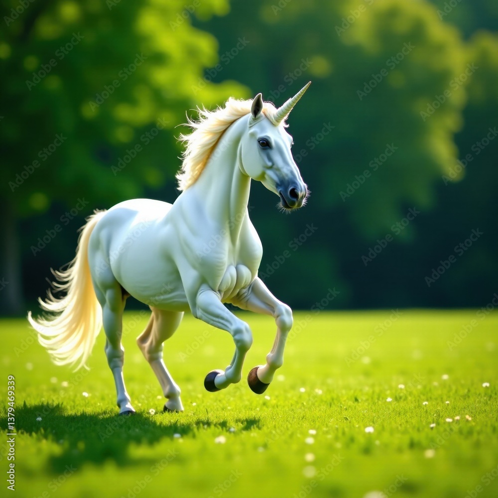 Majestic white unicorn stallion prancing in a lush meadow, flowers, nature, grass Majestic white unicorn stallion prancing in a lush meadow, flowers, nature, grass