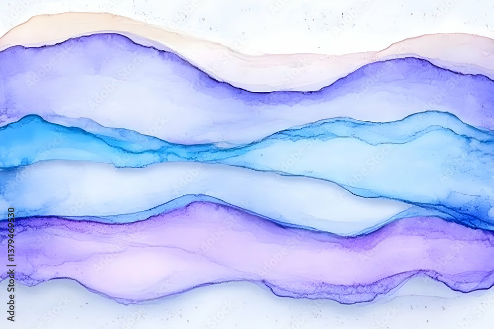 Abstract painting with flowing blue and purple hues, creating layered, wavy landscape effect Abstract painting with flowing blue and purple hues, creating layered, wavy landscape effect
