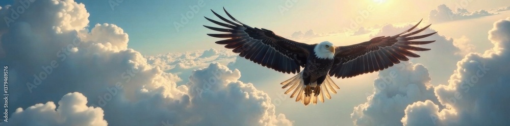 Naklejka premium Majestic eagle soaring through the clouds, highlighting intricate wing patterns and movement, clouds, nature, wings