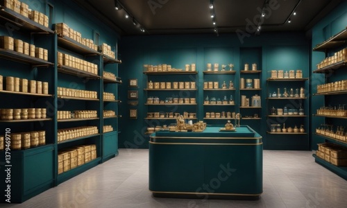 Luxury goods store with gold fixtures and dark teal packaging materials on shelves, store, products, gold
