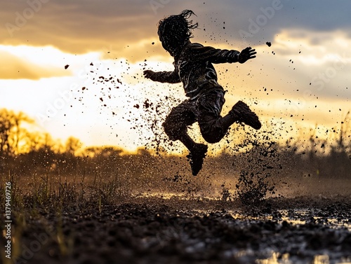 Obraz na płótnie Silhouetted child joyfully leaping in a muddy puddle at sunset, splashing water and mud. w salonie