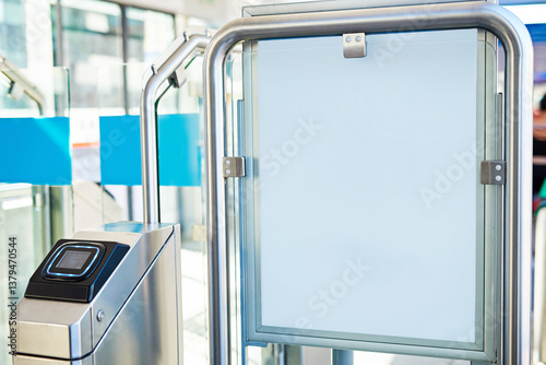 Fototapeta Naklejka Na Ścianę i Meble -  Entrance, poster and station with advertising on board for billboard, sign and travel information. Terminal, gate and marketing with mockup space for design, announcement and branding of transport