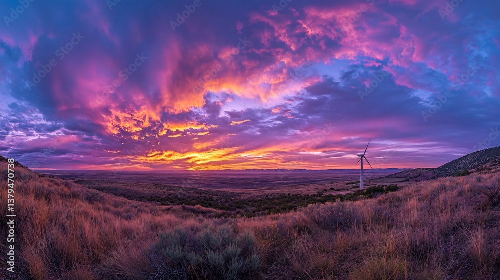 Obraz premium Vibrant sunset panorama over a vast landscape with a single wind turbine.